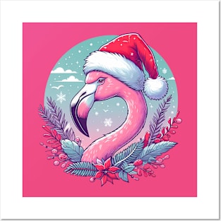 Tropical Christmas, flamingo with Santa hat Posters and Art